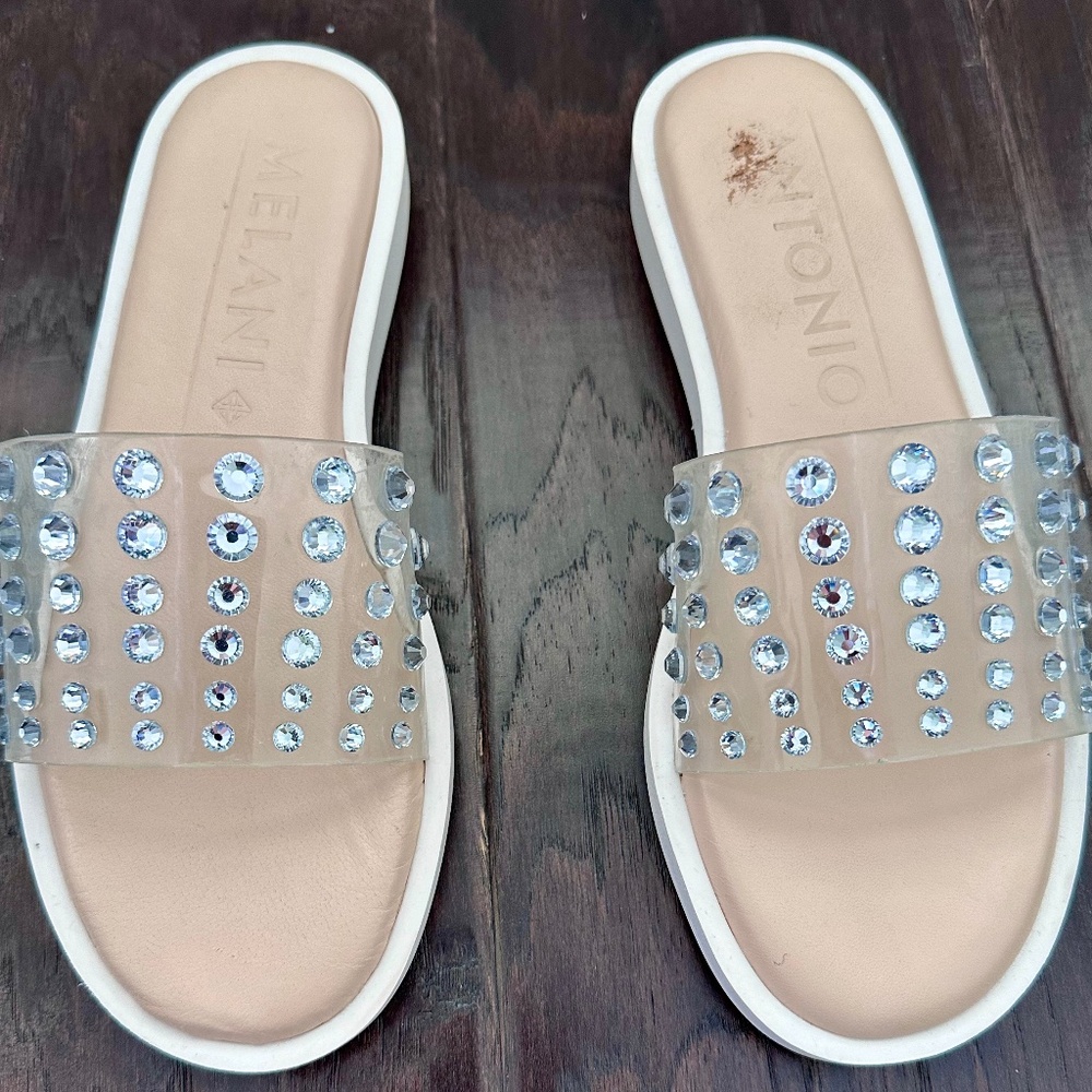 Antonio Melani women’s slides flats sandals with rhinestones clear size 8.5